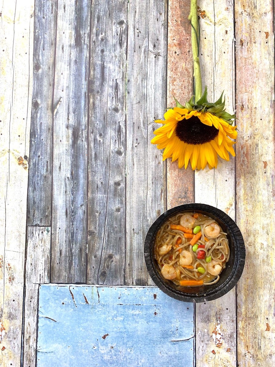 Gorton's Stir Fry with Soba Noodles - overhead with sunflower
